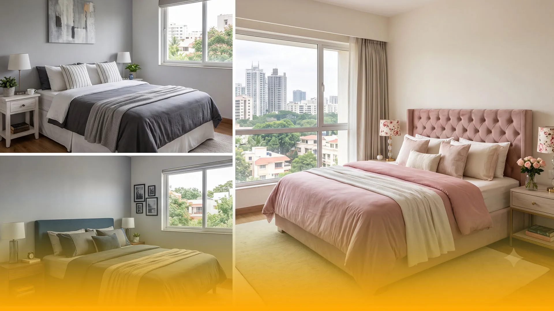 A collage featuring the following colour combinations displayed in realistic bedroom settings.