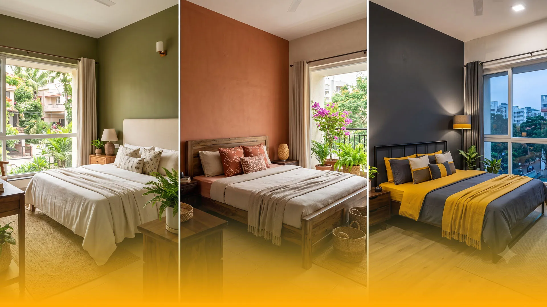 A collage featuring the following colour combinations displayed in realistic bedroom settings.